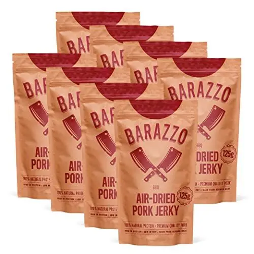 Produktbild: Barazzo Pork Jerky Barbecue | 1 kg (8 x 125g) | Beef Jerky/Biltong | proteinreicher Trockenfleisch Snack mit wenig Fett | high protein & healthy snack