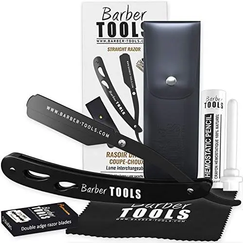 Produktbild: BARBER TOOLS ✮ Rasiermesser mit Box und 5 Rasierklingen + Poliertuch + Etui