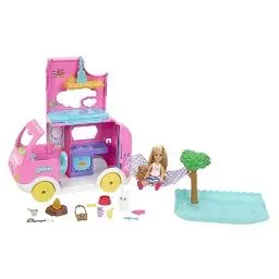 Produktbild: BARBIE Chelsea 2-in-1-Camper - Spielzeugfahrzeug mit Pool, Hängematte und Essbereich, für fantasievolles Spielen und Geschichtenerzählen, ab 3 Jahren, HNH90