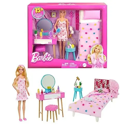 Produktbild: Barbie Schlafzimmer-Spielset - Puppe, Bett, Schminktisch, Kätzchen und 20 Zubehörteile kreatives Spielen, inklusive flauschigem Bademantel und Hausschuhen, für Kinder ab 3 Jahren, HPT55