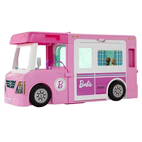 Produktbild: Barbie 3-in-1 Super Abenteuer-Camper mit Zubehör, Pool, umbaubarem Truck, Boots, 60 Camping-Zubehörteilen, Puppe, als Geschenk für Kinder ab 3 Jahren geeignet, GHL93