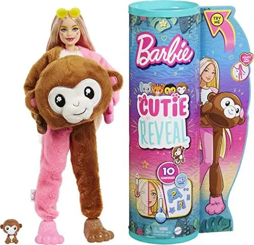 Produktbild: Barbie Cutie Reveal, bewegliche Affenzubehör, 10 Überraschungen, Haustier, wechselnde Farben, inkl. 1 Cutie Reveal Puppe, Geschenk für Kinder, Spielzeug ab 3 Jahre,HKR01