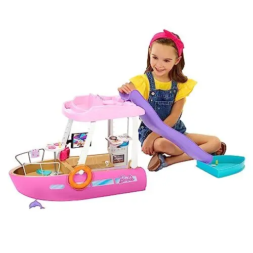 Produktbild: Barbie Traumboot Spielset, Rutsche und Schwimmzeug, 20+ Barbie-Zubehörteile, ohne Barbie-Puppe, als Geschenk für Kinder ab 3 Jahren geeignet, HJV37