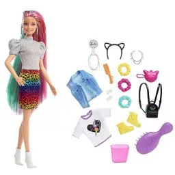 Produktbild: Barbie-Puppe Leopard mit regenbogenfarbenen Haaren, Barbie-Puppe mit blonden und regenbogenfarbenen Haaren, Barbie-Kleidung, Barbie-Accessoires, 16 Teile, 1 Barbie-Puppe inklusive, GRN81