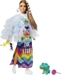 Produktbild: Barbie GYJ78 - Extra Puppe, Regenbogenkleid, blaue Rüschenjacke, Haustier-Krokodil, lange brünette Haare, mehrlagiges Outfit, Accessoires, flexible Gelenke, Spielzeug Geschenk für Kinder ab 3 Jahren