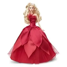Produktbild: Barbie HBY03 - Signature Holiday Puppe 2022 (Blonde Haare) im roten Kleid, mit rotem Lippenstift und goldenen Ohrringen, Spielzeug für Kinder ab 6 Jahren