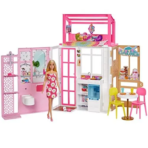 Produktbild: Barbie HCD48 - Puppenhaus-Spielset mit Puppe & Haus mit 2 Ebenen & 4 Spielbereichen, komplett eingerichtet, mit Haustier und Zubehör, Spielzeug Geschenk für Kinder ab 3 Jahren