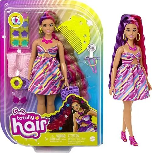 Produktbild: Barbie HCM89 - Totally Hair Puppe (Blond/Bunte Haare) im Blumen Print Kleid mit 15 Zubehör Teilen für tolle Looks, Mehrfarbig, Spielzeug für Kinder ab 3 Jahren