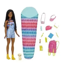 Produktbild: Barbie HDF74 Doppelpack! Camping Brooklyn Puppe (brünett mit geflochtenen Zöpfen, ca. 29 cm) mit Hündchen, Rucksack, Schlafsack, 10 Camping-Zubehörteilen, Geschenk für Kinder ab 3 Jahren