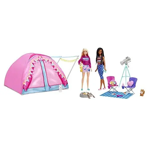 Produktbild: Barbie Abenteuer zu zweit Camping-Spielset mit Zelt, inkl. 2 Barbie Puppen, Barbie Camping Zubehör und Tiere, Geschenk für Kinder, Spielzeug ab 3 Jahre,HGC18