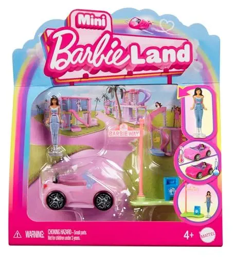 Produktbild: Barbie Mini BarbieLand Puppen und -Spielzeugfahrzeugset, ca. 4 cm große Barbie-Puppe und Cabrio mit Farbwechsel, Straßenschildzubehör, HYF42