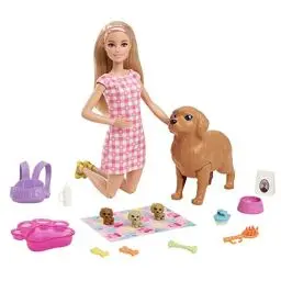 Produktbild: Barbie Newborn Pups Playset, Puppe mit blonden Haaren, Hundeset, inkl. 3 Welpen, 10 Accessoires, Farbwechseleffekte, inkl Puppe, Geschenk für Kinder ab 3 Jahren,HCK75