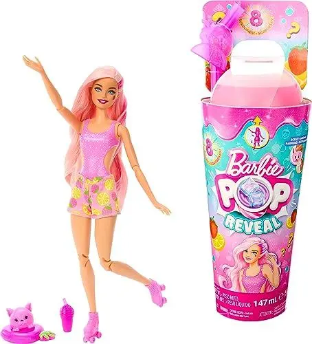 Produktbild: Barbie Pop Reveal Fruit - Überraschungspuppen mit 8 fruchtigen Überraschungen, inklusive beweglicher Puppe mit Erdbeerlimonadenduft und Squishy-Hündchen, ab 3 Jahren, HNW41