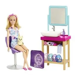 Produktbild: Barbie Self-Care Series, Sparkle Mask Spa Day, Puppe mit blonden Haaren, Welpe, 7 Spa-Masken, 15+ Teile, Accessoires, Geschenke für Kinder ab 3 Jahren,HCM82