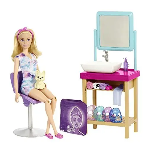 Produktbild: Barbie Self-Care Series, Sparkle Mask Spa Day, Puppe mit blonden Haaren, Welpe, 7 Spa-Masken, 15+ Teile, Accessoires, Geschenke für Kinder ab 3 Jahren,HCM82