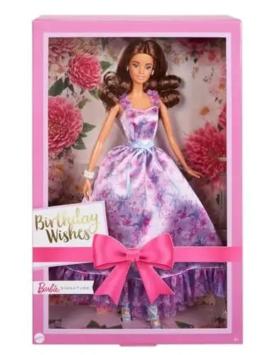 Produktbild: Barbie Signature Birthday Wishes-Puppe, Sammelfigur mit seidigem fliederfarbenen Kleid, braunem welligen Haar, Geschenkverpackung, HRM54
