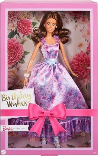 Produktbild: Barbie Signature Birthday Wishes Puppe, Sammlerpuppe in satiniertem lila Kleid mit gewelltem braunem Haar und Geschenkverpackung, HRM55