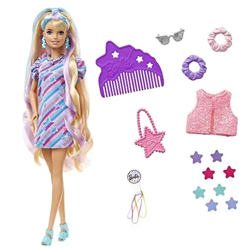 Produktbild: Barbie Totally Hair, Puppe mit extra Langen mehrfarbigen Haaren zum Stylen, inkl. 15x Zubehör wie Haarschmuck, Spielzeug ab 3 Jahre, HCM88