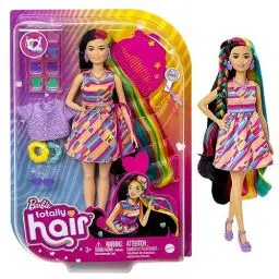 Produktbild: Barbie Totally Hair, Puppe mit schwarzem, blau-grünem & gelbem Haar, farbenfrohes Herzkleid, farbwechselnde Haarspangen, Haarschmuck, Accessoires, 15+ Teile, als Geschenk geeignet,HCM90