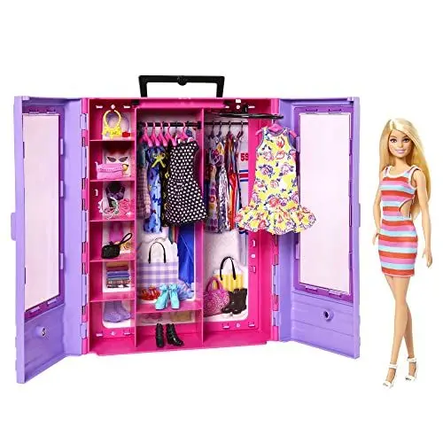 Produktbild: Barbie Ultimate Closet, Kleiderschrank mit über 15 Kleidern und Accessoires, Set zum Aufklappen, inkl. 1 Puppe, Geschenk für Kinder, Spielzeug ab 3 Jahre, HJL66