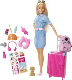 Produktbild: Barbie-Puppe Barbie Dream House Adventures, Reise-Barbie mit blonden Haaren, rosa Koffer, Rucksack, Nackenkissen, Welpe, Barbie-Zubehör, Geschenke für Kinder ab 3 Jahren,FWV25