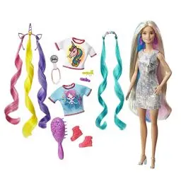 Produktbild: Barbie-Puppe, Einhorn-Barbie-Puppe mit Meerjungfrauenhaar und Einhorn-Haarkrönchen, Barbie-Accessoires, Barbie-Puppe inklusive, Geschenke für Kinder ab 3 Jahren,GHN04