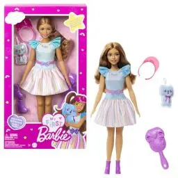 Produktbild: Barbie-Puppe, Meine erste Barbie mit braunem Haar, Barbie-Accessoires, Schuhe, Bürste und mehr, Soft-Touch-Körper, 1 Barbie-Puppe enthalten, Geschenk für Kinder ab 3 Jahren,HLL21