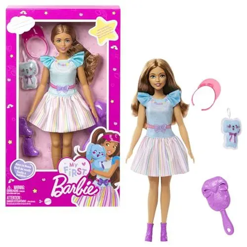 Produktbild: Barbie-Puppe, Meine erste Barbie mit braunem Haar, Barbie-Accessoires, Schuhe, Bürste und mehr, Soft-Touch-Körper, 1 Barbie-Puppe enthalten, Geschenk für Kinder ab 3 Jahren,HLL21