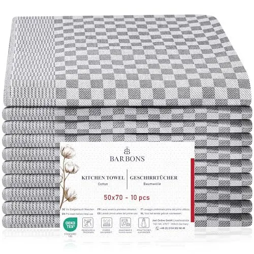 Produktbild: BARBONS 10 er Geschirrtücher Baumwolle 50x70 cm - 240 g/m² 85 g Küchentücher Geschirrhandtücher Geschirrtuch Küchenhandtücher Geschirrtuch Geschirrhandtuch Trockentücher (10er, Karo, 50x70cm)