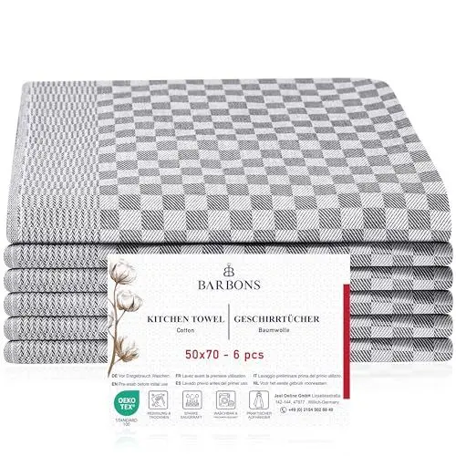 Produktbild: BARBONS 6er Geschirrtücher Baumwolle 50x70 cm - 240 g/m² 85 g Geschirrhandtücher Geschirrtuch Küchentücher Geschirrtuch Trockentücher Küchenhandtücher Geschirrhandtuch (Karo, 6er,50x70cm)