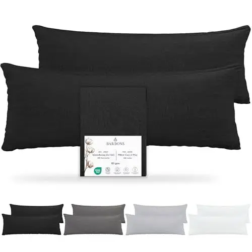 Produktbild: Barbons Seitenschläferkissen 40x145 Bezug 2er Set – 165 g/m² Oeko-TEX Zertifiziert Kissenbezug Kopfkissenbezug 100% Jersey Baumwolle Kissenbezüge Kissenhülle mit Reißverschluss (40x145-Schwarz)