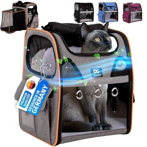 Produktbild: barcoco Katzenrucksack große Katzen Hunderucksack Rucksack für Katzen Damen Herren - Hunde bis 6 kg Transportrucksack Haustier Transport Tasche erweitbar Leicht stabil (Grau)