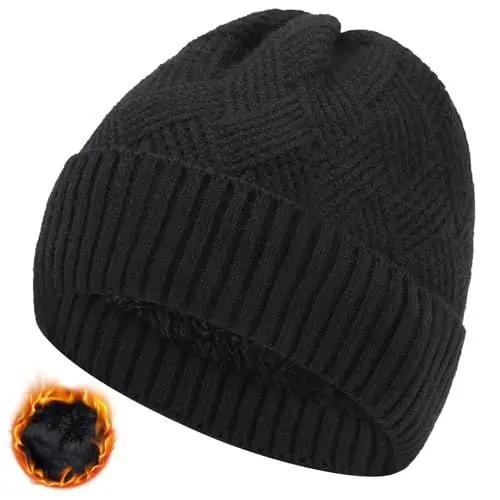 Produktbild: BARFULKER Beanie Mütze Damen Herren, Winter Beanie Mütze Warme Wintermütze Thermo Dehnbare Strickmützen Bequem Wollmütze Winddichte Laufmützen Warmem Futter Geschenk Unisex (Schwarz)
