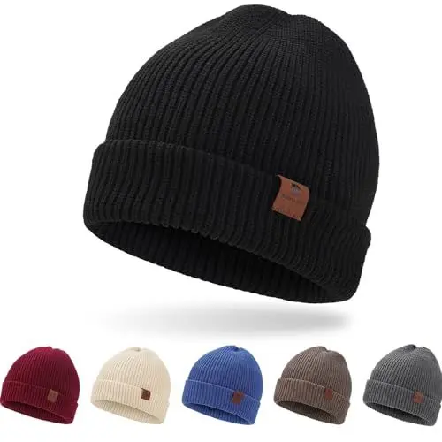 Produktbild: BARFULKER Mütze Herren Damen Winter Beanie Mütze Warme Wintermütze Thermo Dehnbare Strickmützen Bequem Wollmütze Winddichte Laufmützen Cuffed Hats für Frauen Männer Unisex,Schwarz