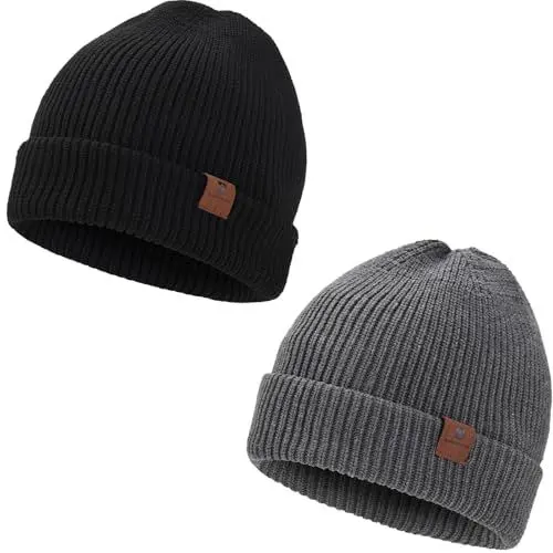Produktbild: BARFULKER Mütze Herren Damen Winter Beanie Mütze Warme Wintermütze Thermo Dehnbare Strickmützen Bequem Wollmütze Winddichte Laufmützen Cuffed Hats für Frauen Männer Unisex,Schwarz Grau