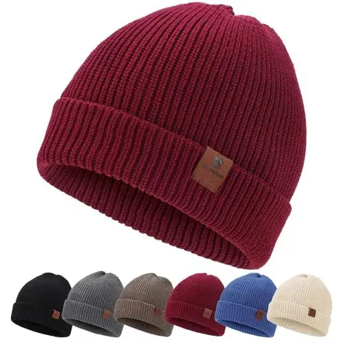 Produktbild: BARFULKER Winter Beanie Mütze Damen Herren Warm Gefüttert Wintermützen Thermo Strickmütze Laufmützen Dehnbare Weiche Wollmütze Unisex Hat,Rot
