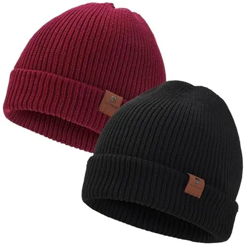 Produktbild: BARFULKER Winter Beanie Mütze Herren Damen Warm Gefüttert Wintermützen Thermo Strickmütze Laufmützen Dehnbare Weiche Wollmütze Unisex Hat,2 Stück,Schwarz Rot