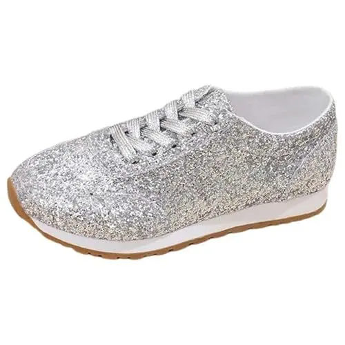 Produktbild: Barfusschuhe Barfuss Schuhe Damen Weiß Pailletten Sneaker Damen Flache Niedrige Glitzer Schuhe Bequem Atmungsaktiv Schnürer Sportschuhe Turnschuhe Sneaker Slip On Damen Ballerinas Damen (Silver, 43)