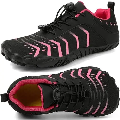 Produktbild: Barfußschuhe Damen Breite Barfussschuhe Traillaufschuhe Weit Five Finger Zehenschuhe Minimalistische Zero-Drop Sohlen Wanderschuhe Fitnessschuhe Komfort Leicht Laufschuhe Unisex(Schwarz Rosa 38EU)
