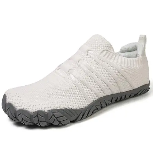 Produktbild: Barfußschuhe Damen Herren Breite Barfuss Schuhe Laufschuhe Zero-Drop Sohlen Zehenschuhe Traillaufschuhe Leichte Atmungsaktiv Fitnessschuhe Komfort rutschfest Straßenlaufschuhe Unisex(Weiß 44EU)