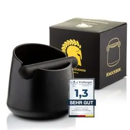 Produktbild: Barista Legends® Abklopfbehälter für Siebträger mattschwarz - Knock Box für Kaffeesatz mit spezieller geräuschabsorbierender Schlagstange - Abschlagbehälter für dein Barista Zubehör.