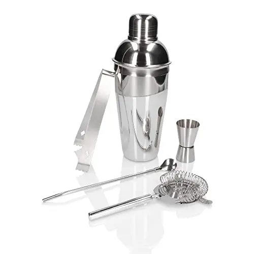 Produktbild: Whiskey Rocks 5-er Cocktail Shaker Set - Cocktail & Bar Zubehör - Paris Shaker 500 ml - Barkeeper Set - Bar Set - Cocktail Messbecher - Barlöffel - Polierter Stahl - Silber