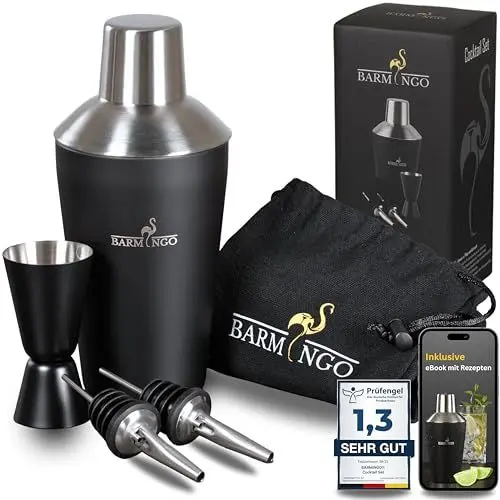 Produktbild: BARMINGO Cocktail Shaker Set (1,3 - SEHR GUT) - 500ml Edelstahl Cocktailshaker mit Bar Zubehör, Cocktail Set | Bar Set | Barkeeper Set | Cocktail Mix Set | Bar Geschenkset | Schwarz-Silber