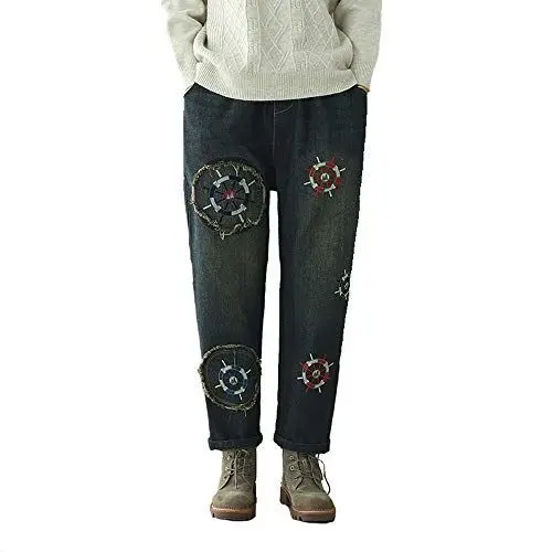 Produktbild: BaronHong Frauen Casual Art Distressed Patchwork Stickerei Ripped Denim Jeans Hose (blau, M)
