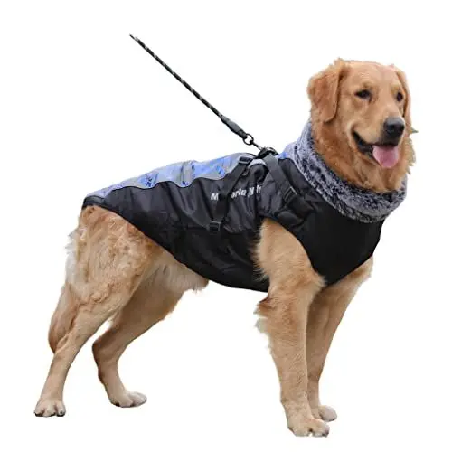 Produktbild: BaronHong wasserdichte Winterjacke für Hunde mit Geschirr, D-Loch, pelziger Kragen, leichtes Gehen und weicher, Warmer Sport für mittelgroße Haustiere (Bling-Blau, 3XL)