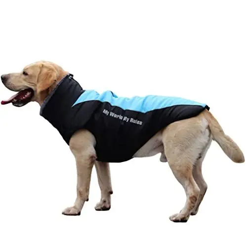 Produktbild: BaronHong wasserdichte Winterjacke für Hunde mit Geschirr, D-Loch, pelziger Kragen, leichtes Gehen und weicher, Warmer Sport für mittelgroße Haustiere (blau, 4XL)