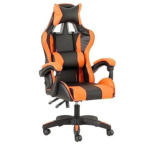 Produktbild: Baroni Home Gaming-Stuhl, ergonomischer Bürostuhl, gepolstert Gaming Sessel mit bequemer, Verstellbarer Rückenlehne, Gamer Chair mit Kopfstütze und Lendenwirbelstütze, Orange