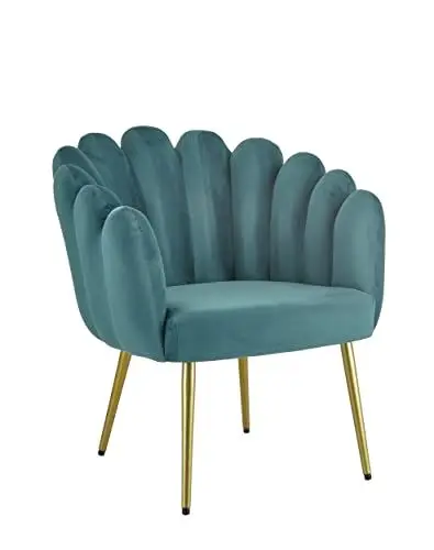 Produktbild: Baroni Home Gepolsterter Sessel mit Muschel-Rückenlehne aus Samt mit goldenen Beinen aus Eisen, Stuhl für Wohnzimmer oder Schlafzimmer, 67 x 64 x 77 cm, Petrol-Beine Gold