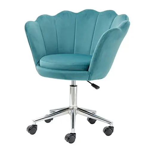 Produktbild: Baroni Home Gepolsterter Sessel mit Muschel-Rückenlehne aus Tiffany-Samt mit silbernen Rädern, Stuhl mit Rollen für den Schreibtisch, Höhe verstellbar, 69 x 71 x 84 cm