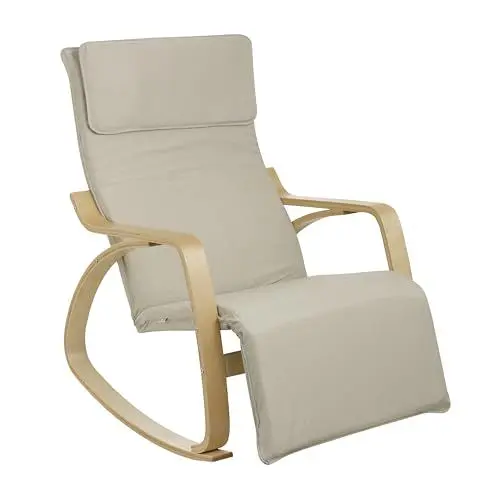 Produktbild: Baroni Home Schaukelstuhl mit Armlehnen aus Holz, ergonomischer Schaukelsessel mit Kopfstütze, 5-Höhen Fußstütze, bis 150 kg, Schlaf- und Wohnzimmer, Beige, 82x67x98 cm